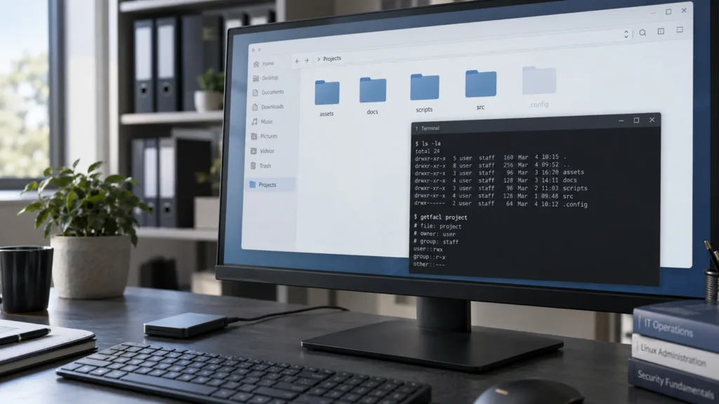Dateimanager und Terminal zur Prüfung von Ordnerrechten.