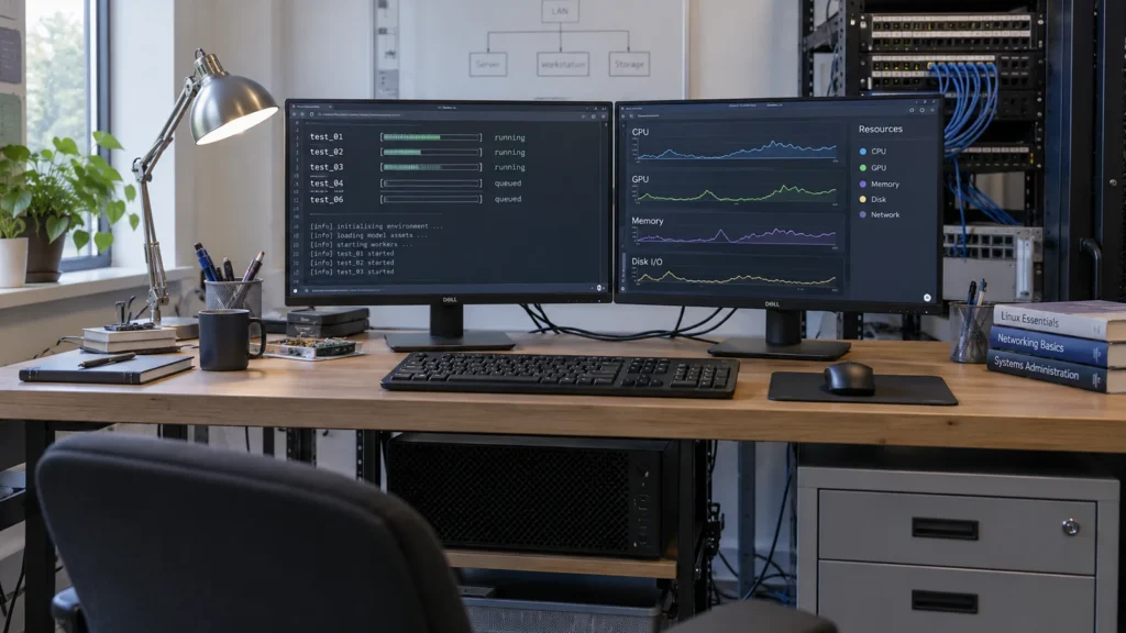 Zwei Monitore zeigen Testläufe und die Auslastung einer Workstation.