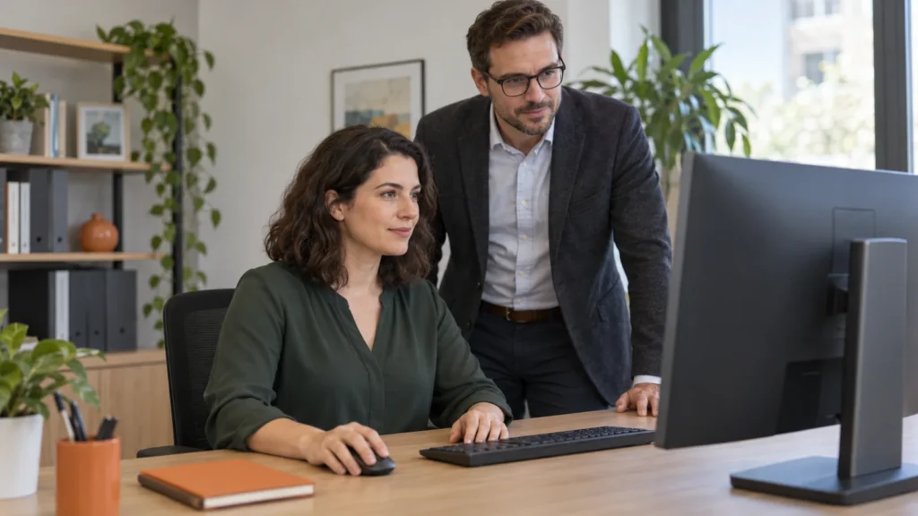 Zwei Personen besprechen digitale Dienste an einem gemeinsam betrachteten Monitor.