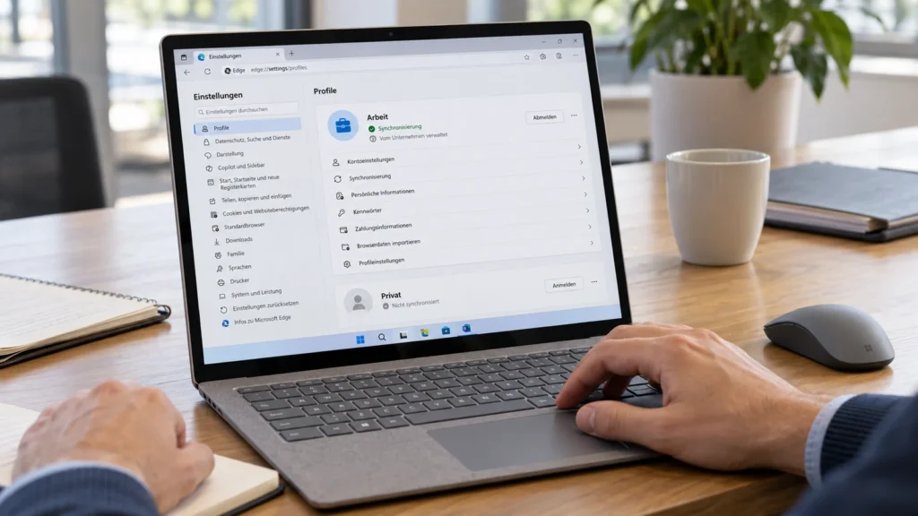 Am Surface-Notebook sind die Edge-Profile Arbeit und Privat mit getrenntem Synchronisierungsstatus dargestellt.