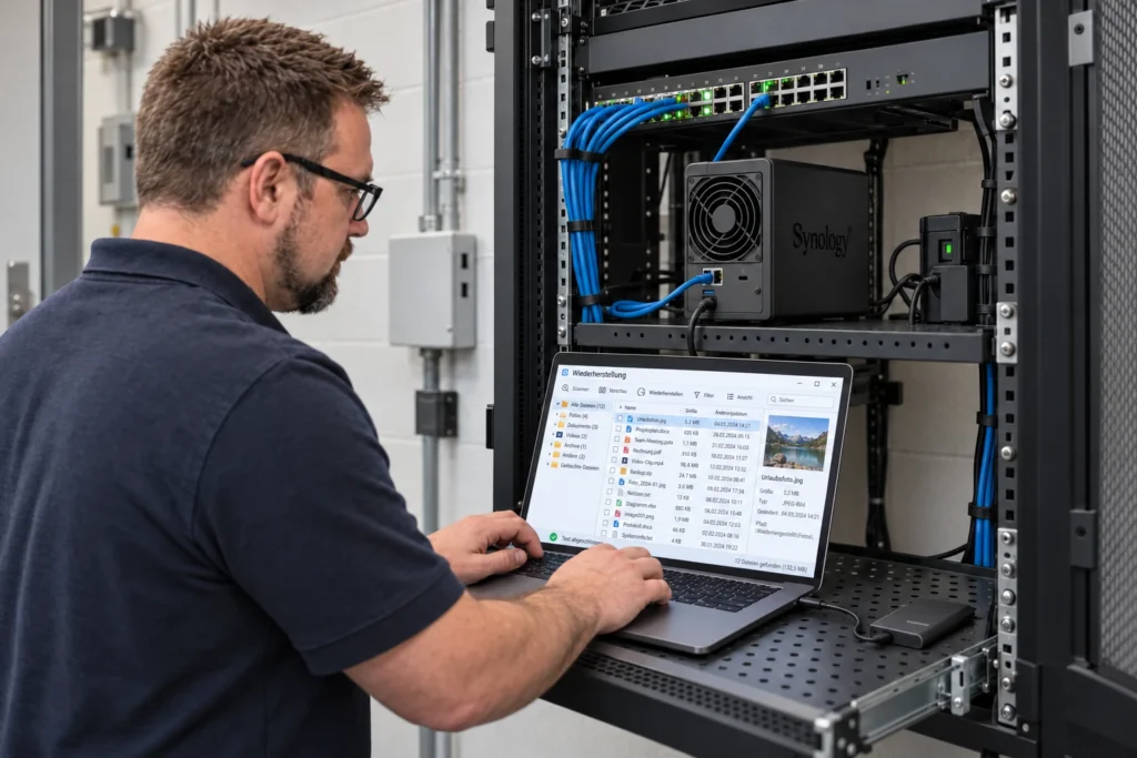 Backup prüfen: Erst die Wiederherstellung zeigt den Nutzen 1 Herbert Röblreiter prüft wiederhergestellte Dateien an einem verkabelten NAS im Technikschrank.