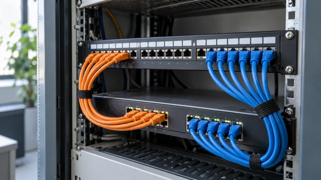 Orange und blaue Patchkabel verbinden getrennte Gruppen eines Netzwerkpanels mit einem Switch.