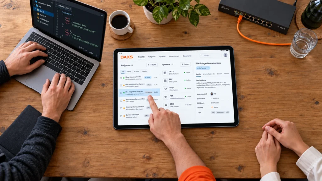 DAXS erweitert den Fokus: Consulting, Betrieb, Development und Integration 2 Drei Beteiligte besprechen Integrationsaufgaben am iPad und Laptop.