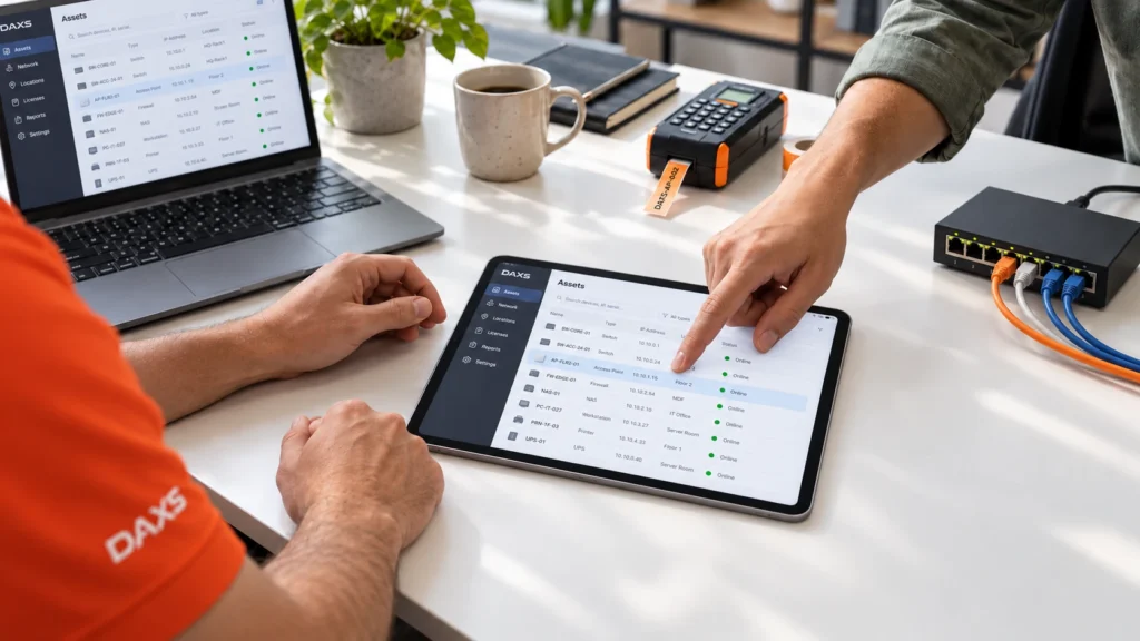DAXS Dokumentation: Leistungen, Zusammenarbeit und Orientierung an einem Ort 3 Zwei Ansprechpartner prüfen eine Geräteübersicht am iPad.
