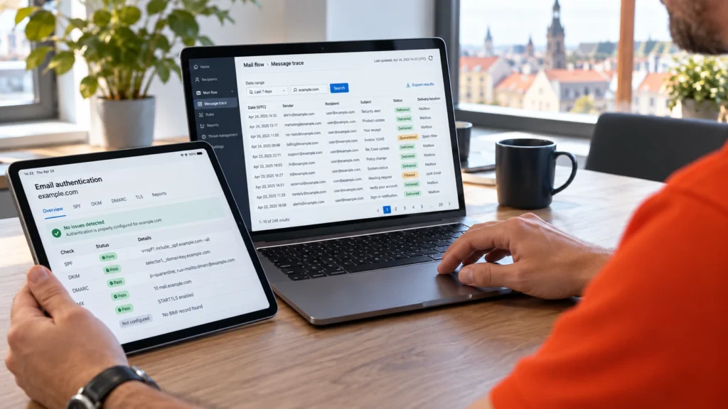 SPF, DKIM und DMARC: E-Mail-Schutz verständlich eingeordnet 4 Ein IT-Verantwortlicher prüft die E-Mail-Authentifizierung am Laptop und iPad.