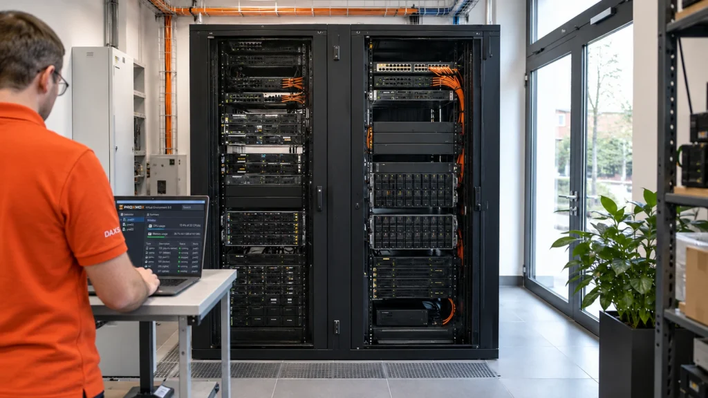 Proxmox im Unternehmen: Virtualisierung mit Handlungsspielraum 5 Herbert Röblreiter prüft eine Virtualisierungsumgebung im Serverraum.
