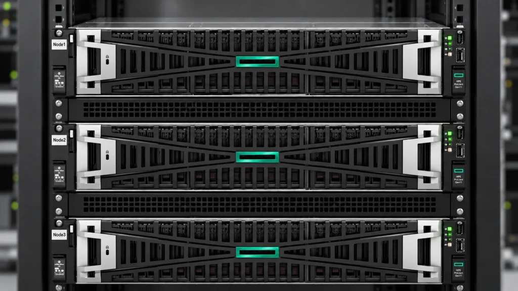 Proxmox-Hochverfügbarkeit: Ein Cluster ersetzt keine Wiederherstellung 1 Drei HPE-Rackserver mit den Kennzeichnungen Node1, Node2 und Node3, getrennt durch belüftete Blindblenden.