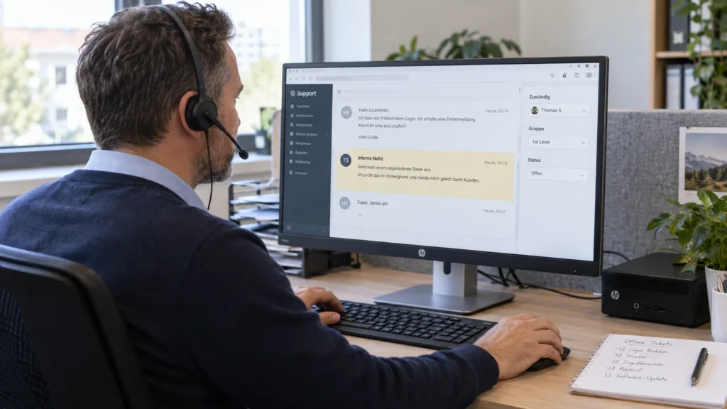 Zammad: Warum ein gemeinsames Supportpostfach noch kein geregelter Ablauf ist 1 Supportmitarbeiter mit Headset, Tastatur und Maus vor einer Ticketansicht mit Zuständigkeit, Status und interner Notiz.